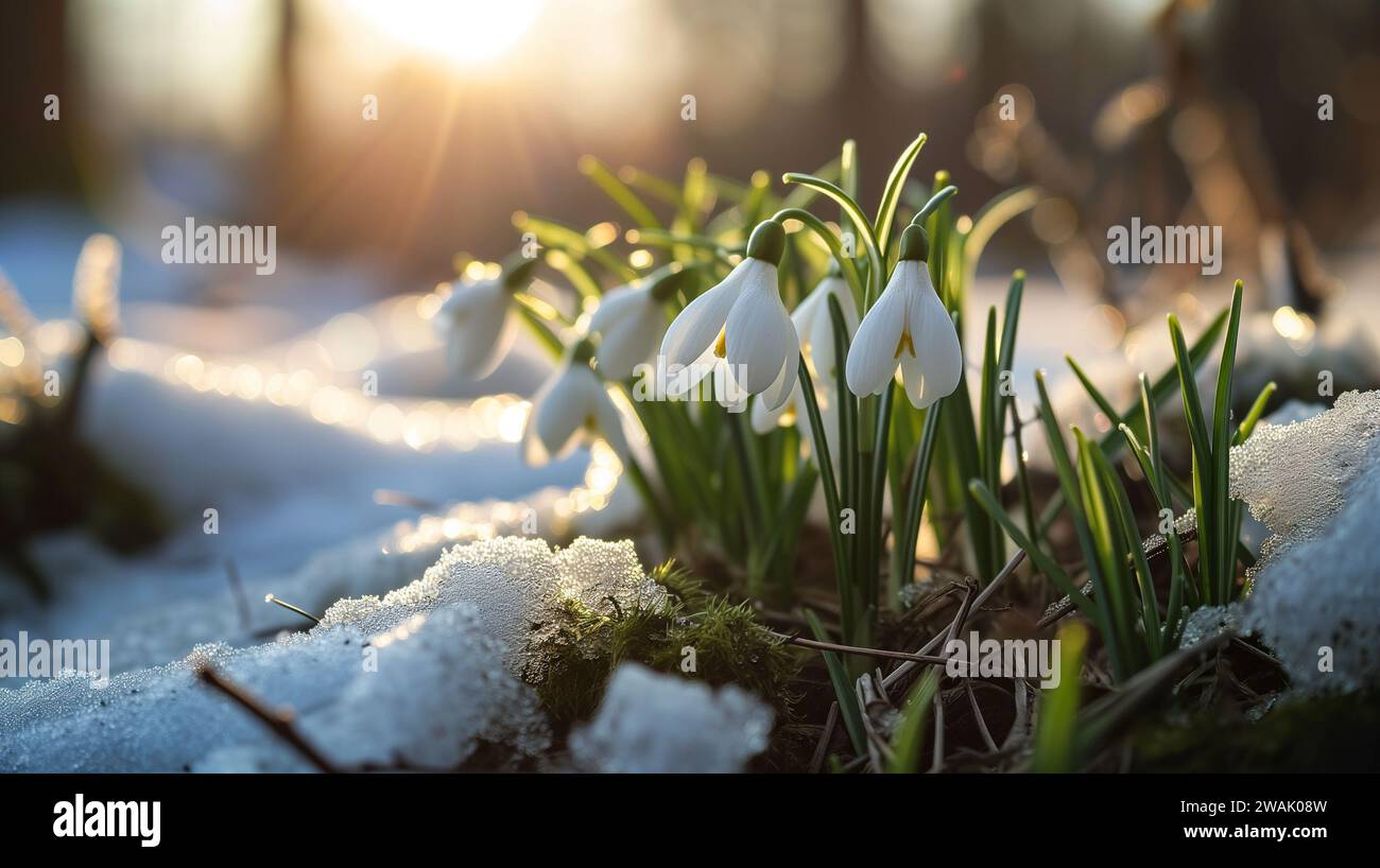 Eine lebendige Winterszene mit zarten rosa Blumen, eingebettet in eine Decke aus weißem Schnee Stockfoto