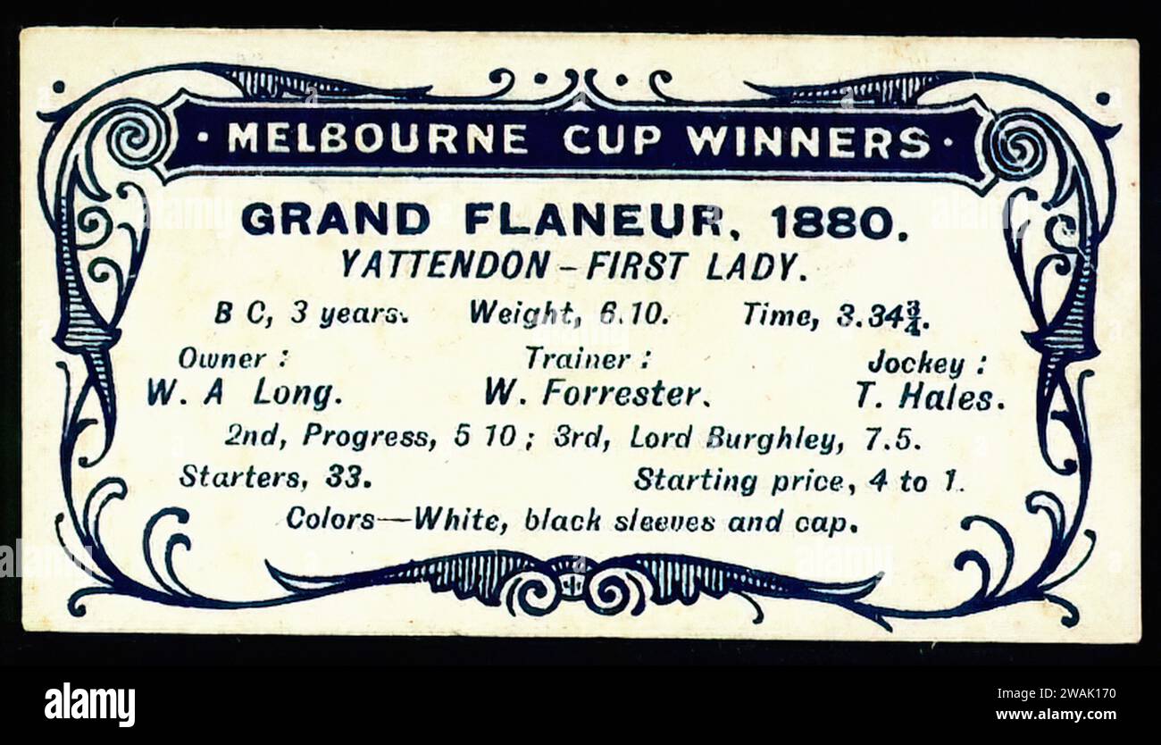 Melbourne Cup Gewinner - Vintage Zigarettenkarte Rückseite Illustration, Pferderennen Stockfoto