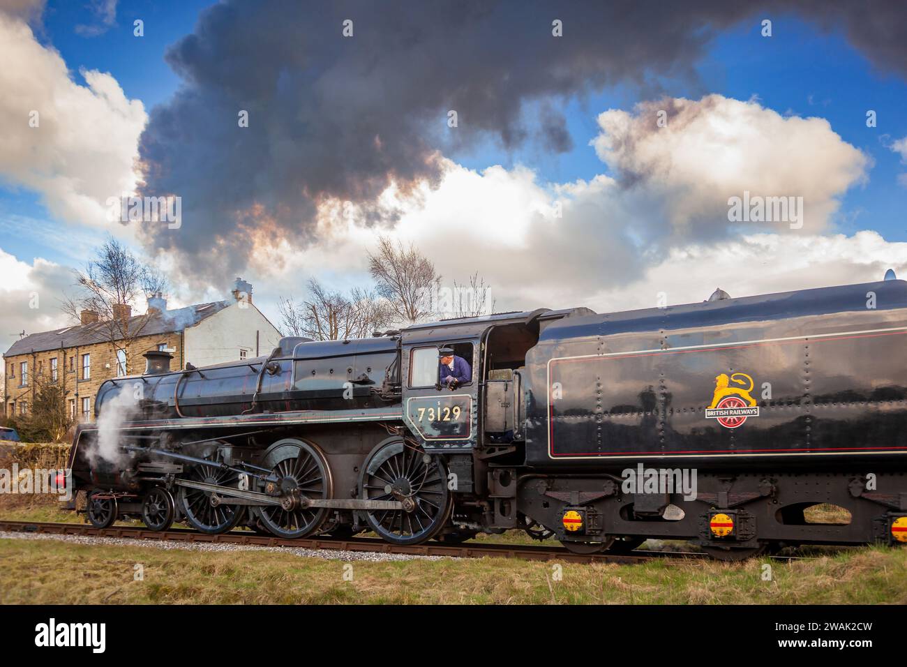 British Railways Standard Class 5 No. 73129 Lokomotive. Die einzige erhaltene Standard Class 5, die von British Railways gebaut wurde und mit Caprotti-Ventilgetriebe ausgestattet war. Stockfoto