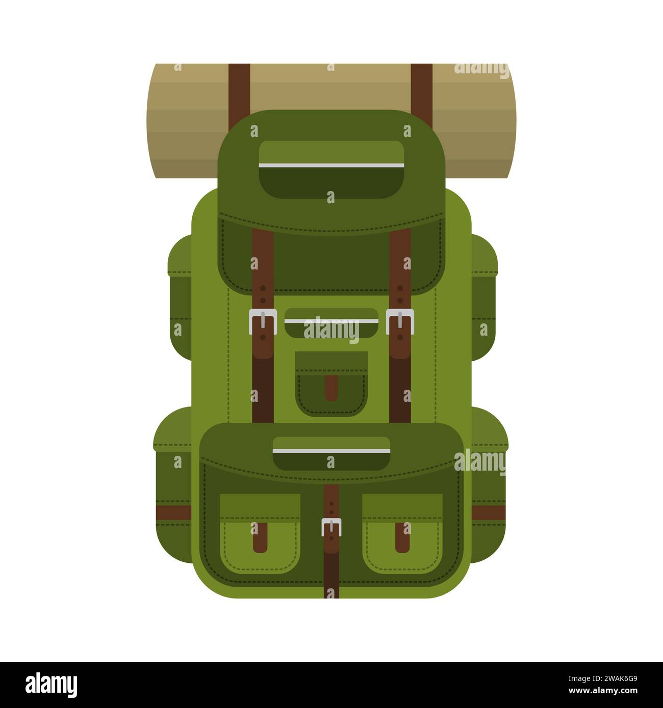 Campingrucksack für Wandern, Reisen und Tourismus isoliert auf weißem Hintergrund. Rucksack für Campingausrüstung, Matten, Schlafsäcke usw. Vektorillustratio Stock Vektor