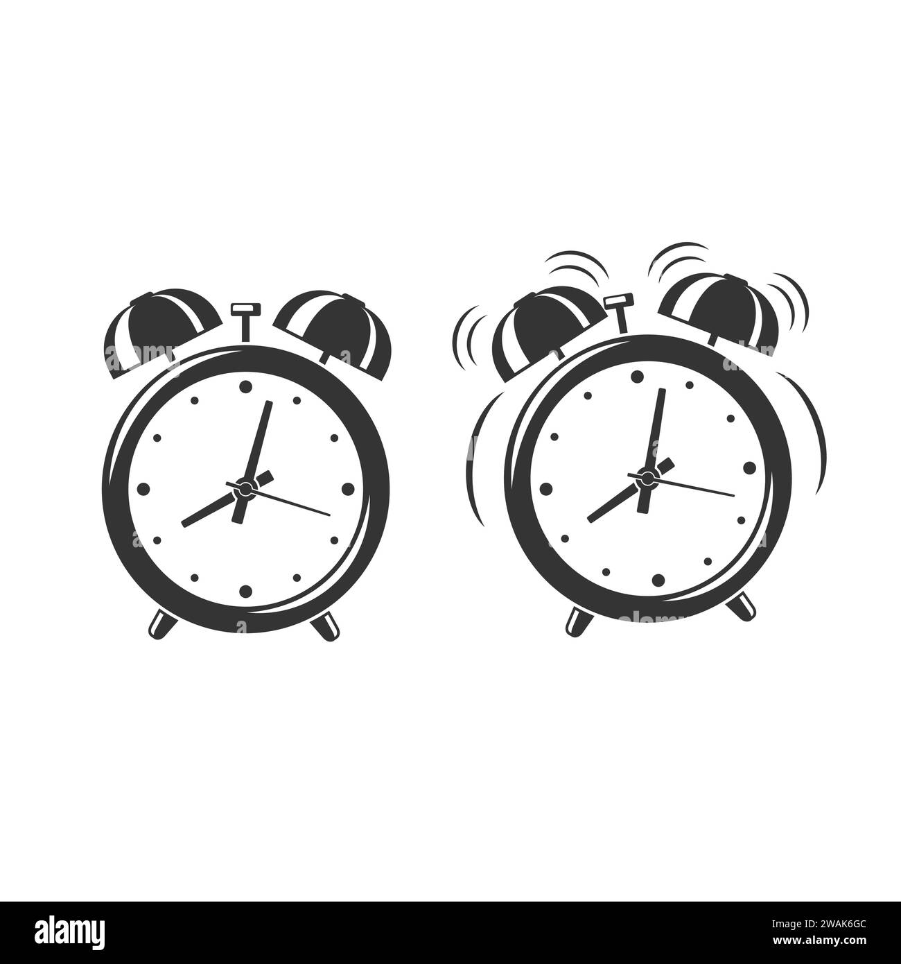 Wecksymbole stehen und läuten Weckzeit auf weißem Hintergrund isoliert. Cartoon-Uhr im Retro-Stil. Vektorabbildung Stock Vektor