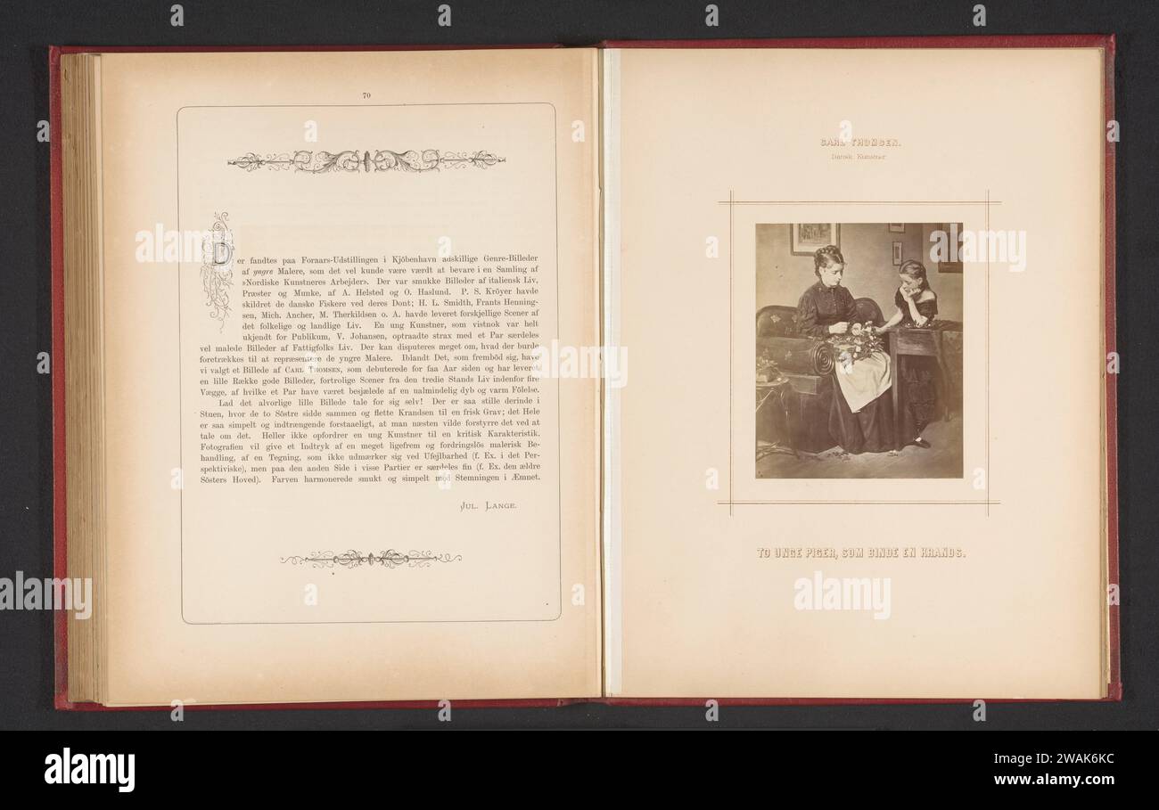 Fotoproduktion eines Gemäldes von zwei jungen Frauen, die einen Kranz machen von Carl Thomsen, Johannes Jaeger, nach Carl Thomsen, um 1873 - in oder vor ca. 1878 fotografische Trägeralbumendruck Jugendliche, junge Frau, Jungfrau. girlande, Kranz Stockfoto