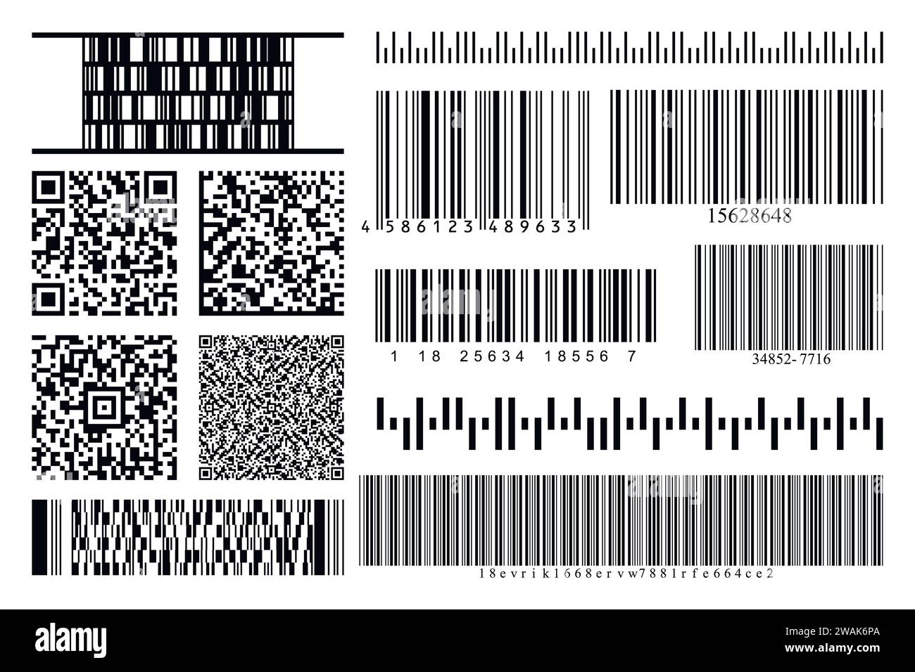 Barcodes und QR-Codes Sammlungssatz. Schwarz gestreifter Code zur digitalen Identifizierung. Vektorcode-Informationen, QR, Scan-Codes speichern. Industrielle Codierung Stock Vektor