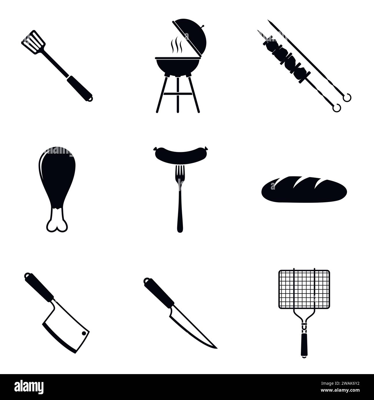 Schwarze Barbecue-Symbole auf weißem Hintergrund. Grill BBQ Fleisch Haus Abendessen Produkte Spieß Grillen Küche Ausrüstung Vektor Illustration Stock Vektor