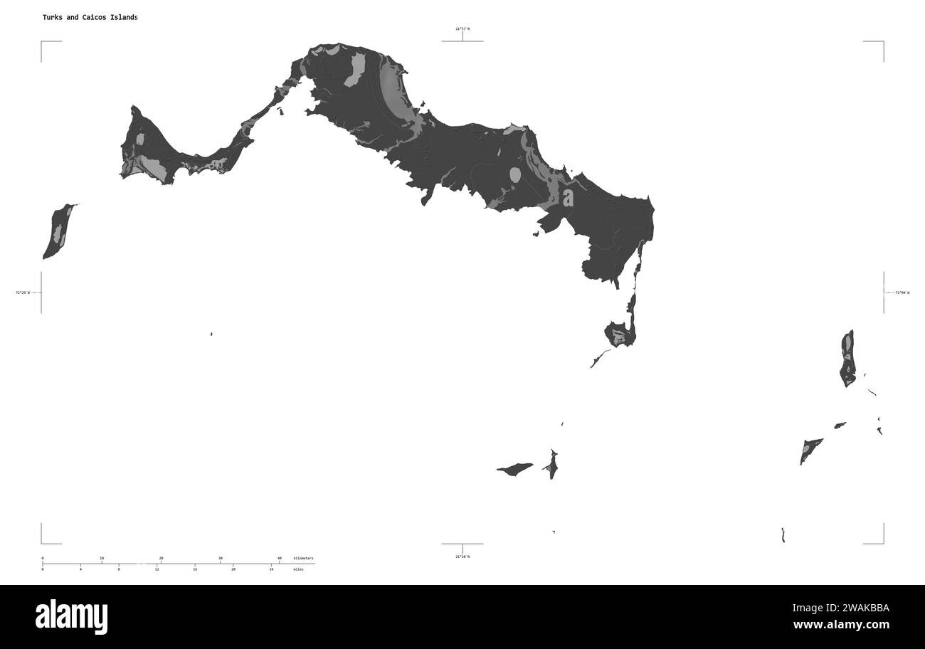 Form einer Bilevel-Höhenkarte mit Seen und Flüssen der Turks- und Caicosinseln, mit Entfernungsskala und Kartengrenzkoordinaten, isoliert auf wh Stockfoto