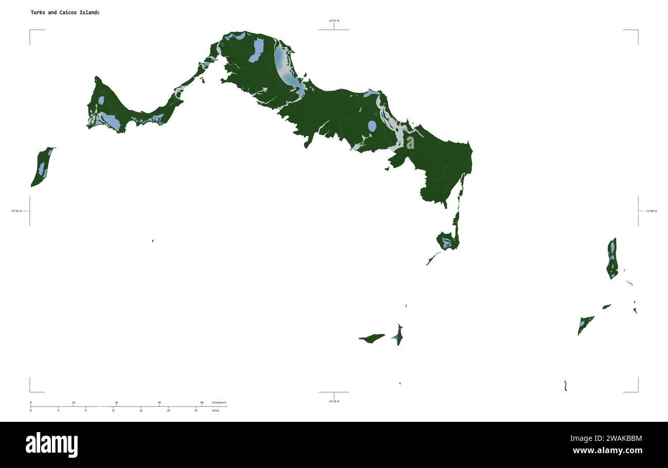 Form einer blassfarbenen Höhenkarte mit Seen und Flüssen der Turks- und Caicosinseln, mit Entfernungsskala und Kartengrenzkoordinaten, isoliert Stockfoto