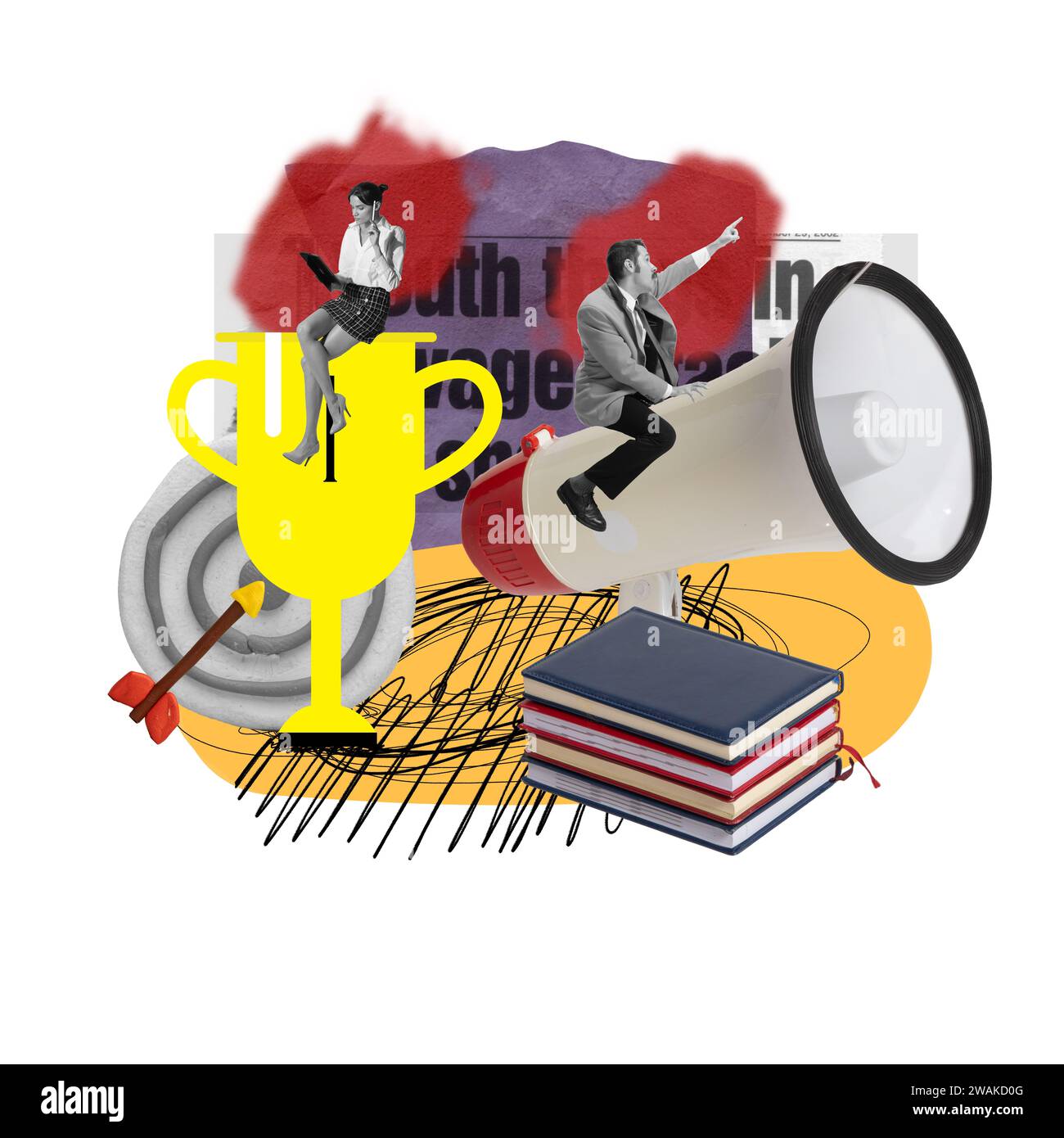 Junge Leute, die öffentliche Ankündigungen machen, führende Nachrichtendienste. Professionelle Ziele erreichen. Zeitgenössische Kunstcollage. Stockfoto