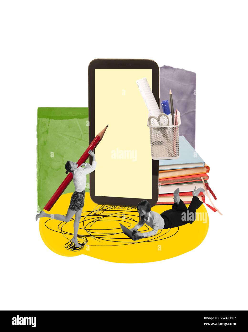 Junge Frau, Kolloge, die professionelle Planung machen, an Aufgaben arbeiten. Zeitgenössische Kunstcollage. Stockfoto