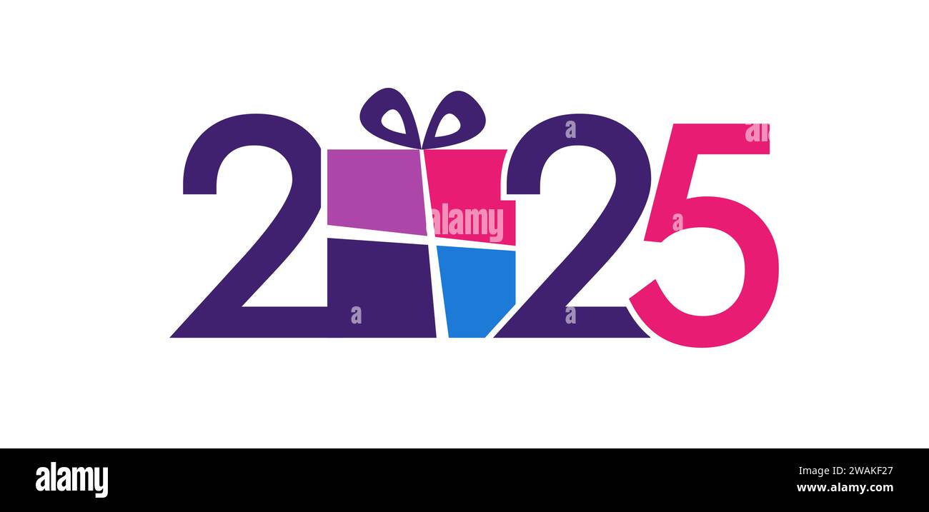 Ein kreatives Symbol für „Happy New Year 2025“ mit Geschenkbox. Internet-Banner. Grußkartendesign. Werbevorlage. Flache Grafik. Werbekonzept. Isola Stock Vektor