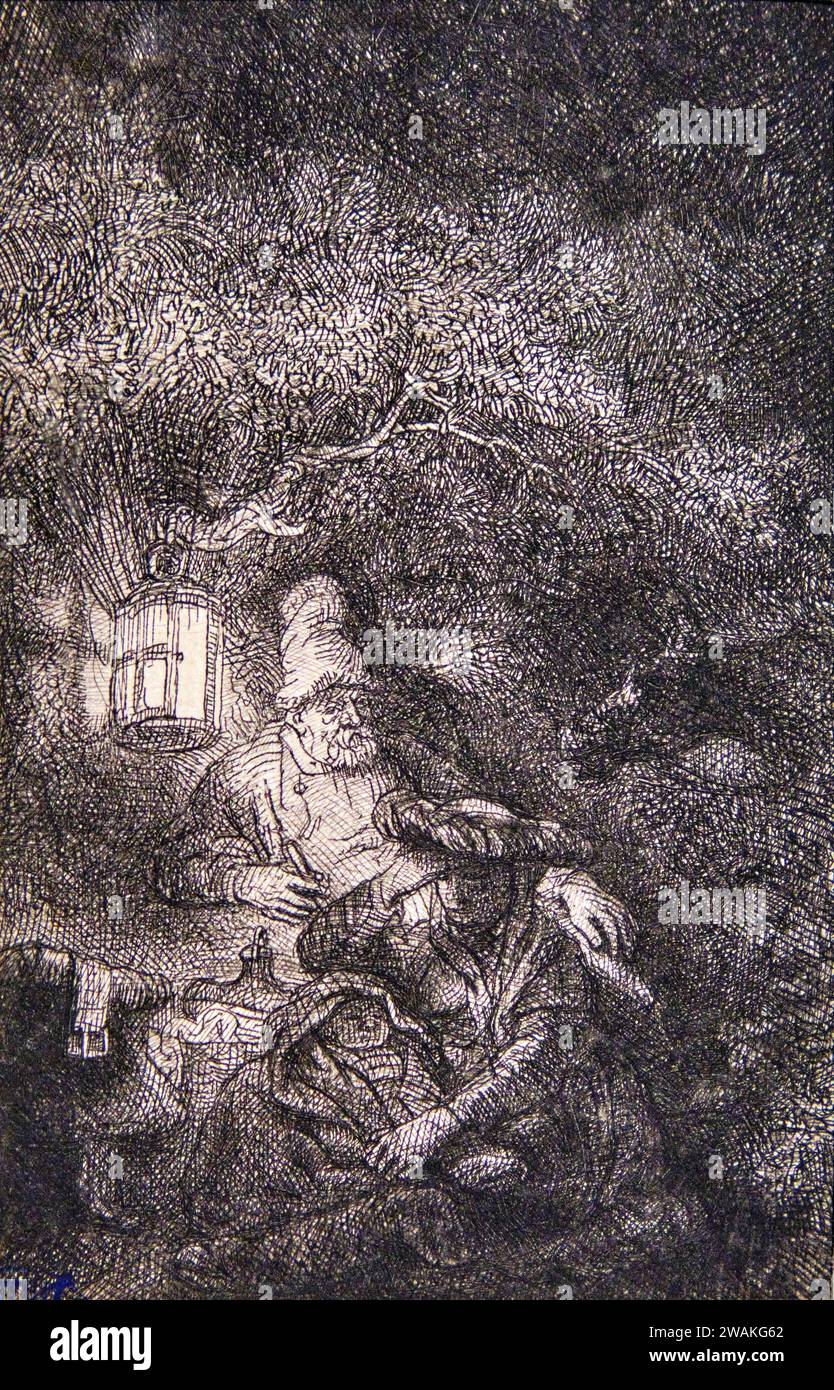Rembrandt Ätzausstellung, Ruhe während des Fluges nach Ägypten, 1644 Stockfoto
