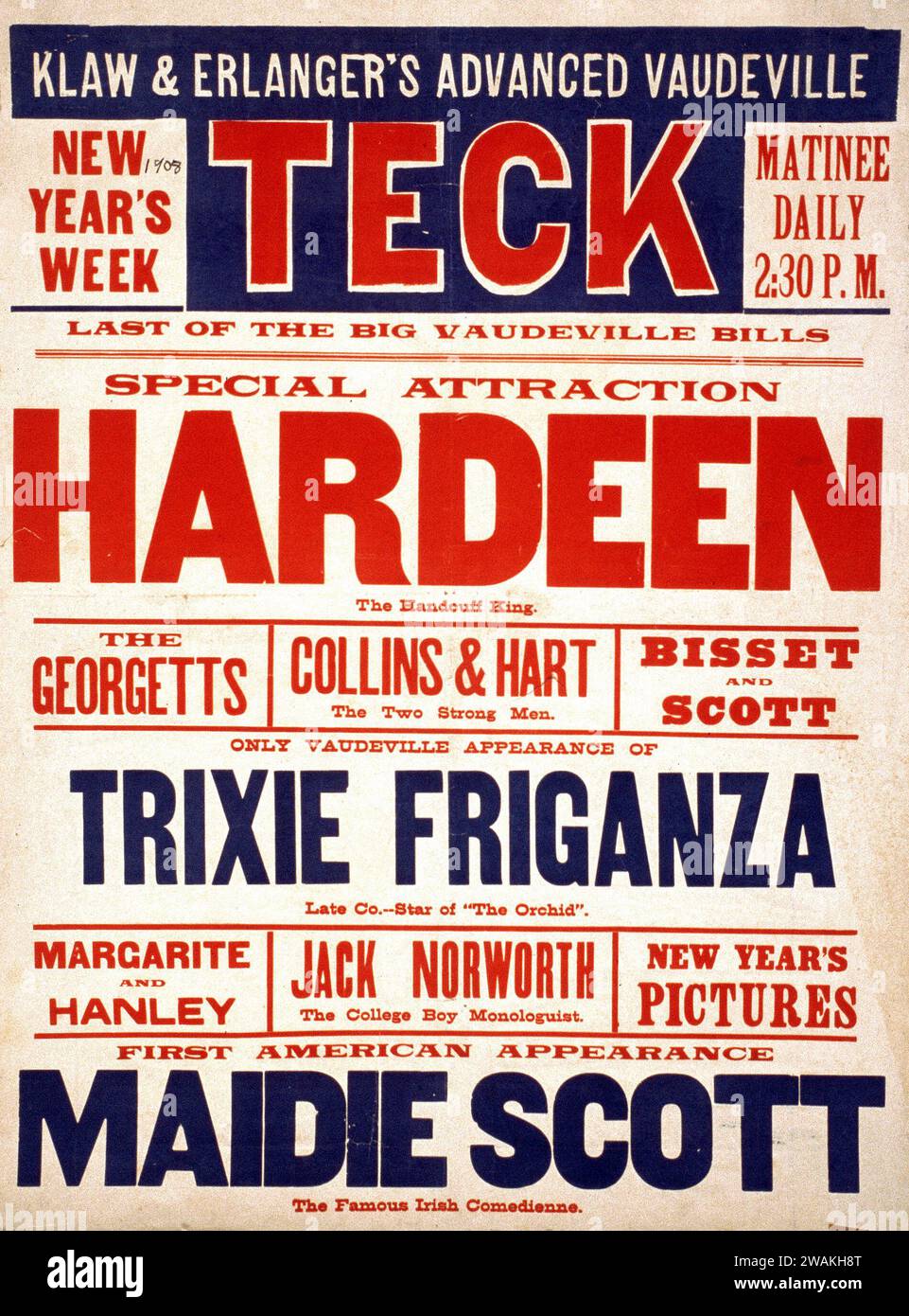 TECK - Vaudeville Vintage Show Poster - Escape Artist - Special Attaction Hardeen der Handschellen König. (Hardeen, 1876-1945) Stockfoto