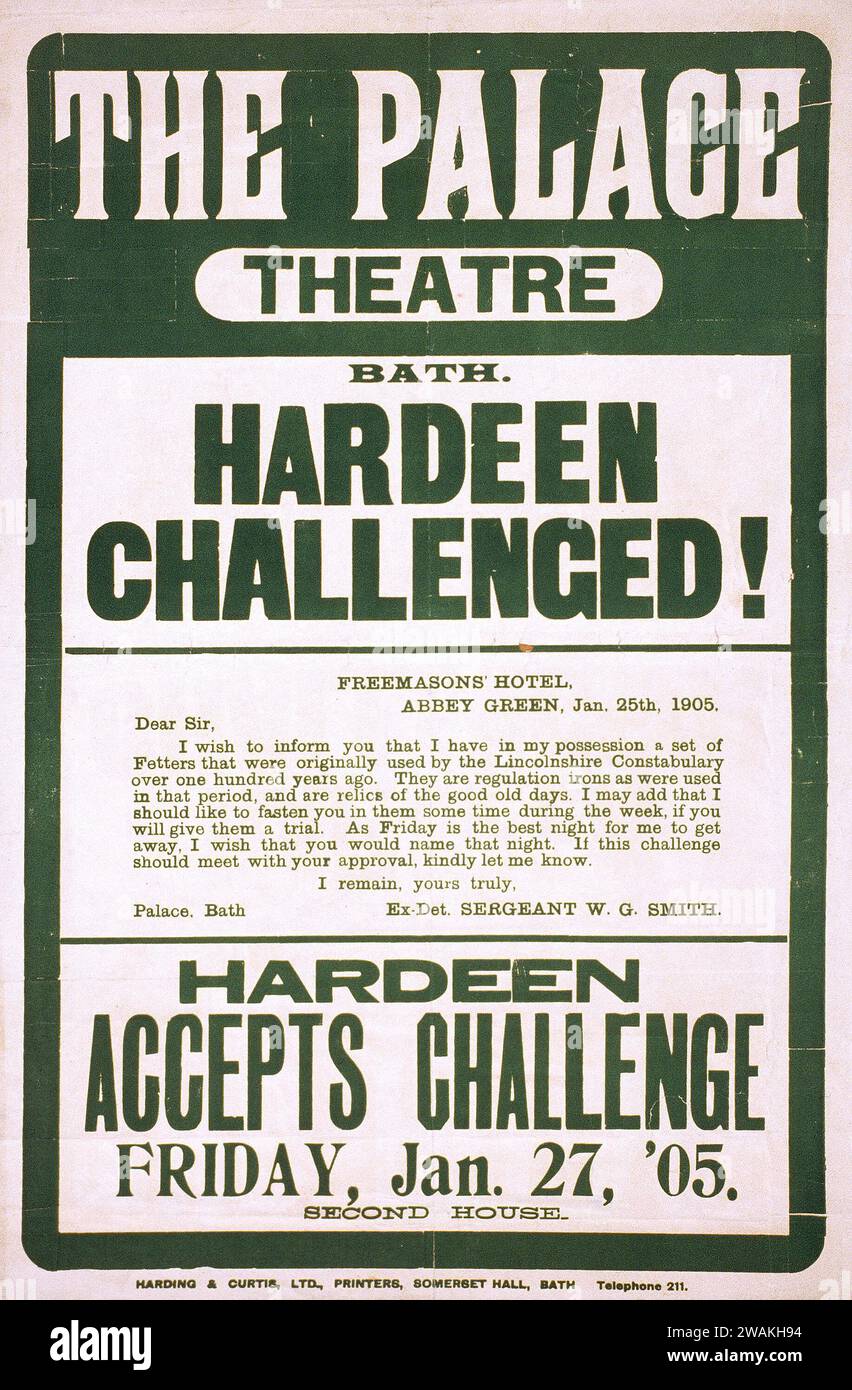 Das Poster des Palace Theatre - Hardeen herausgefordert! Hardeen nimmt die Herausforderung an, Freemason's Hotel, Abbey Green, Freitag, 17. Januar, 1905 Stockfoto