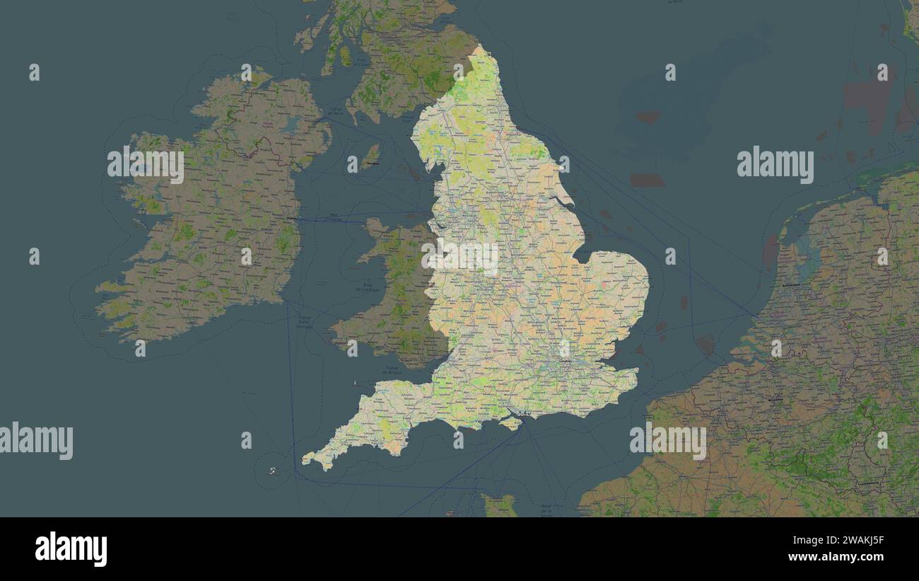 England – Großbritannien wird auf einer topografischen Karte im Stil von OSM France hervorgehoben Stockfoto