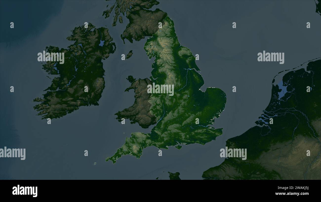 England – Großbritannien wird auf einer farbigen Höhenkarte mit Seen und Flüssen hervorgehoben Stockfoto