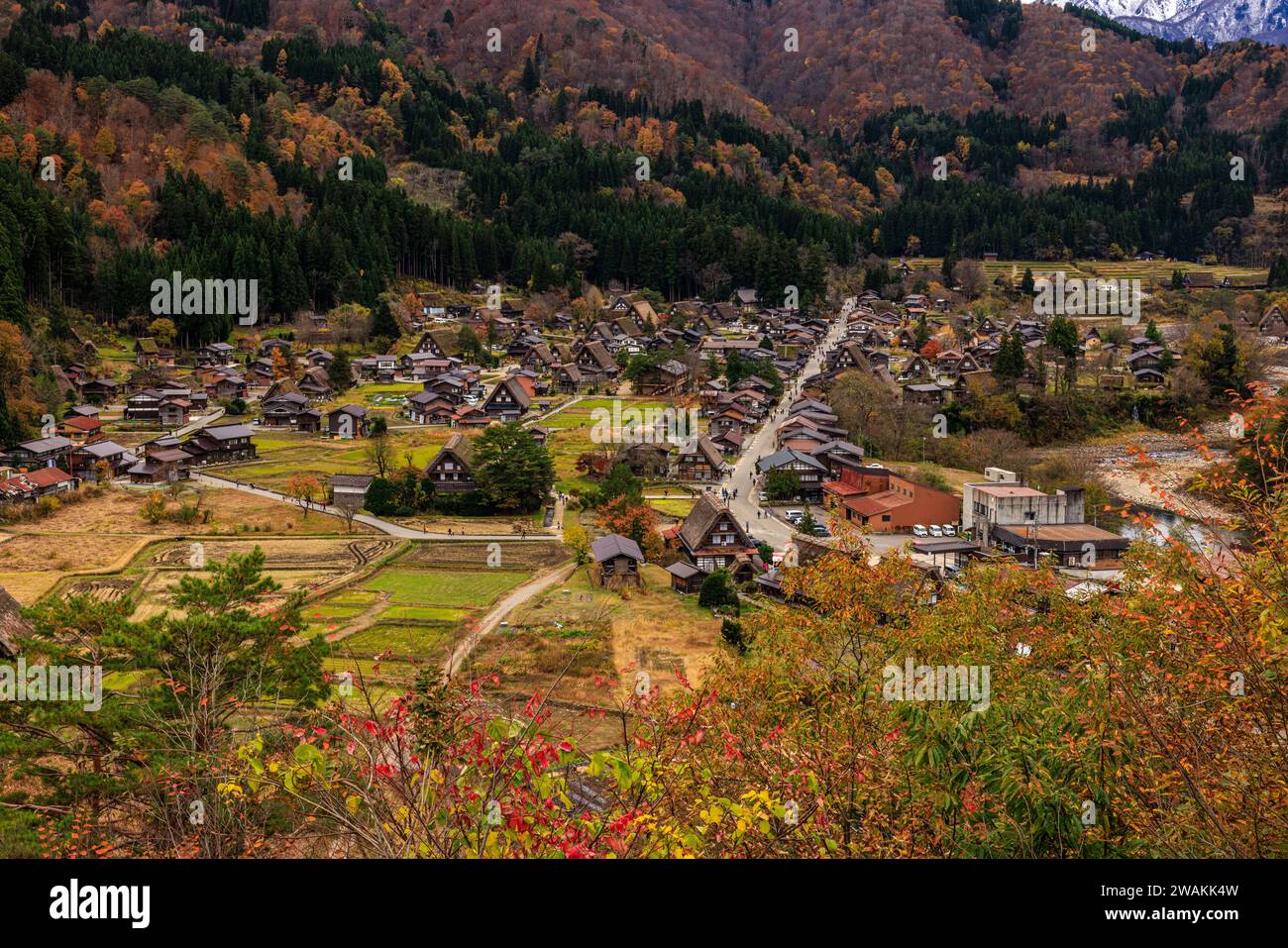 Blick von oben auf shirakawago Dorf Gassho Betenden Hände Häuser mit Strohdächern in flachem Tal unter Hügeln mit farbenfrohem Herbstlaub Stockfoto