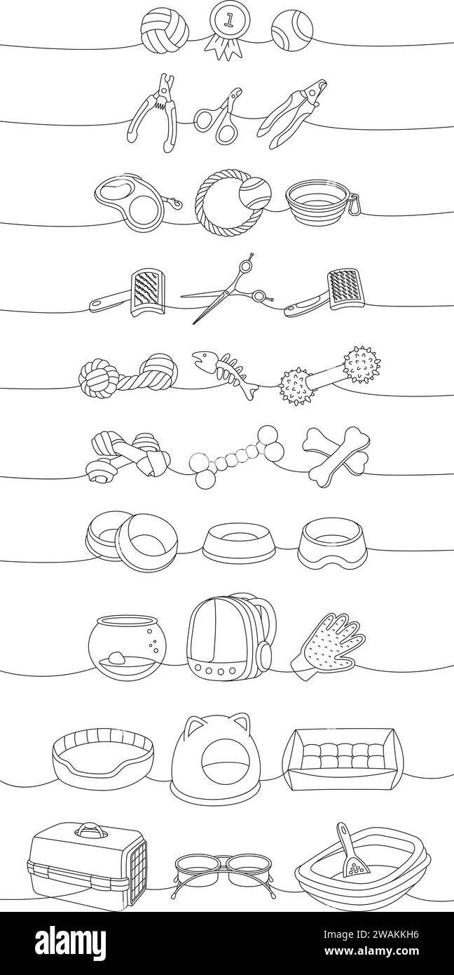 PET-Zubehörset. Kauspielzeug, Ballspielzeug, Medaille, Schere, Nagelschneider, Fellentferner, Aquarium, Rucksackträger, Bandbandleine, tragbare Wasserschale Stock Vektor