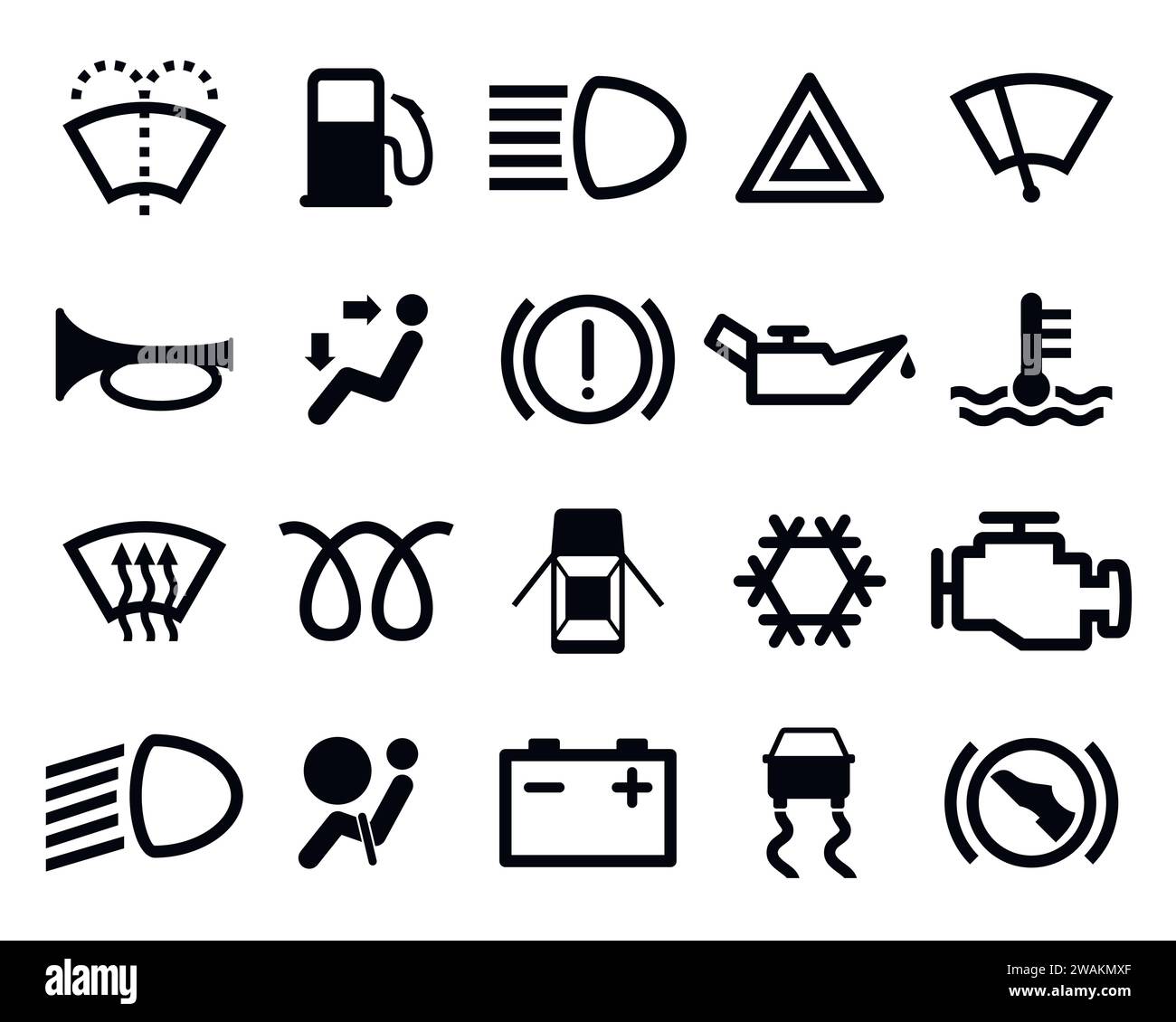 Symbole auf dem Armaturenbrett für das Fahrzeug sind isoliert auf weißem Hintergrund angeordnet. Piktogramme für Fahrzeuginformationen in Symbolpackung. Vektor Stock Vektor