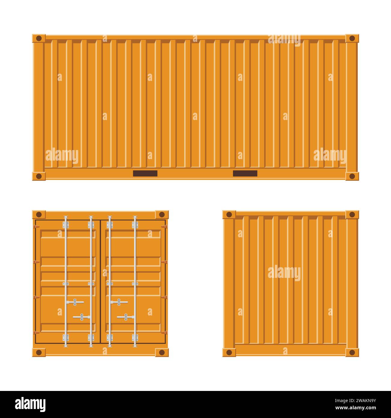 Gelber Frachtcontainer für Versand und Seereport isoliert auf weißem Hintergrund. Vorder-, Rückseiten- und Seitenansicht. Logistik und Transport Vector Illust Stock Vektor
