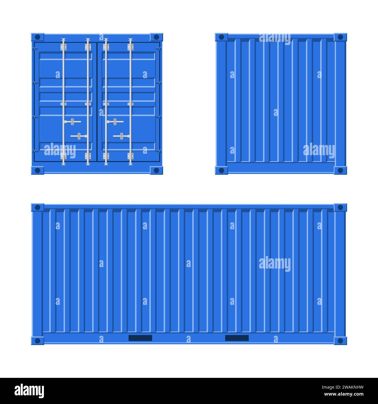 Blauer Frachtcontainer für Versand und Seereport isoliert auf weißem Hintergrund. Vorder-, Rückseiten- und Seitenansicht. Logistik und Transport Vektor Illustra Stock Vektor