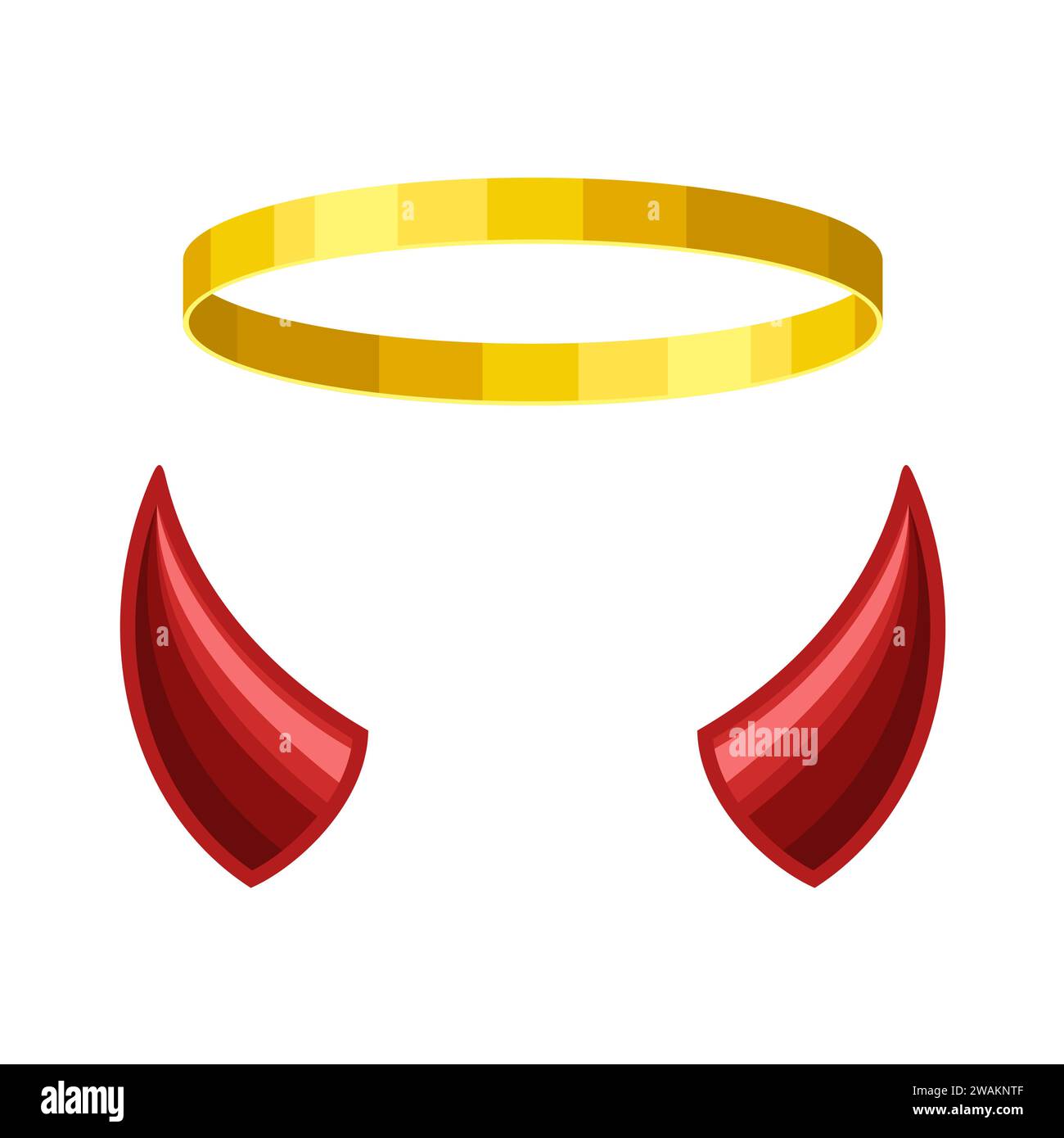 Engel Halo und Teufelshörner isoliert auf weißem Hintergrund. Nimbus und Dämonenhorn. Himmel und Hölle Konzept, gut und schlecht. Vektorabbildung. Stock Vektor