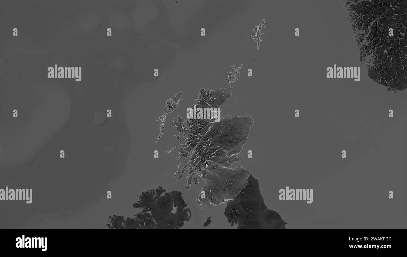 Schottland – Großbritannien auf einer grauen Höhenkarte mit Seen und Flüssen Stockfoto
