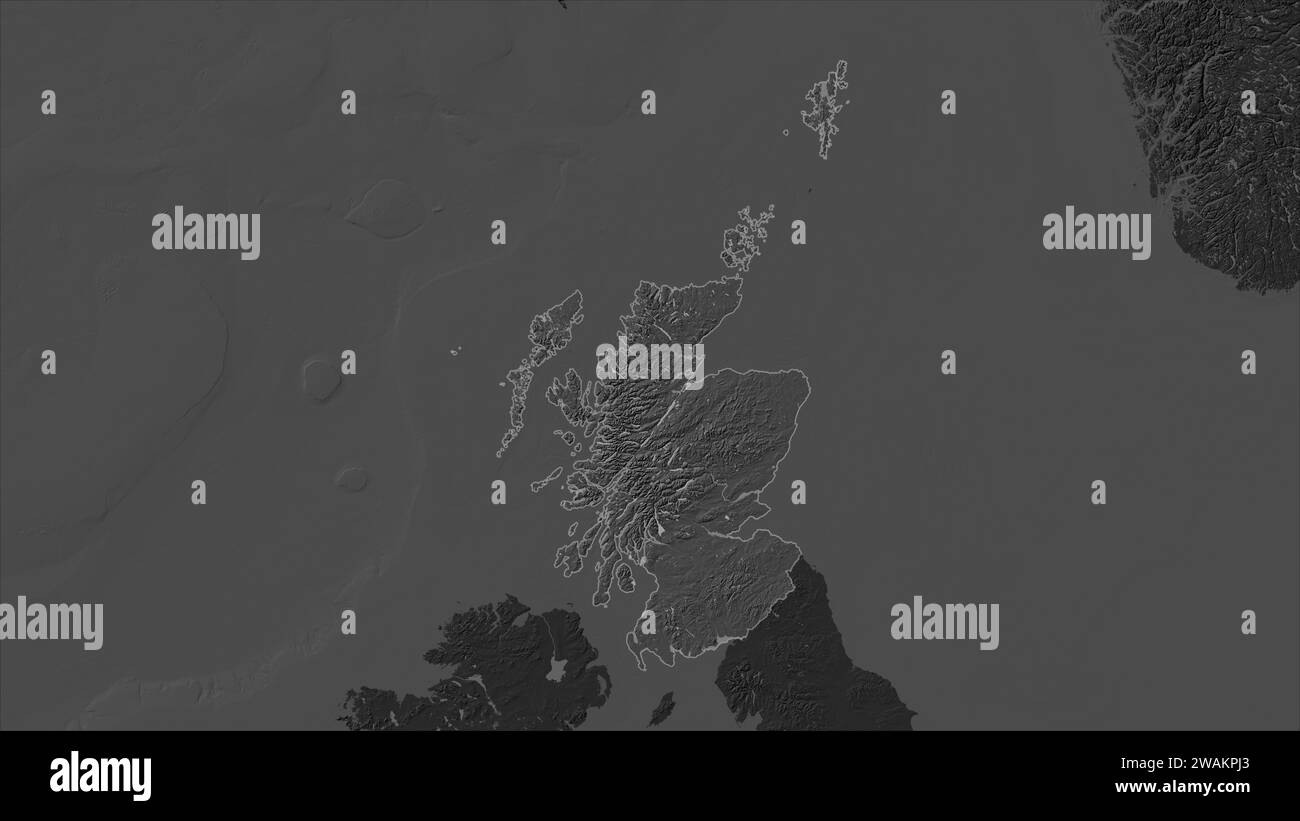 Schottland – Großbritannien auf einer Bilevel-Höhenkarte mit Seen und Flüssen hervorgehoben Stockfoto