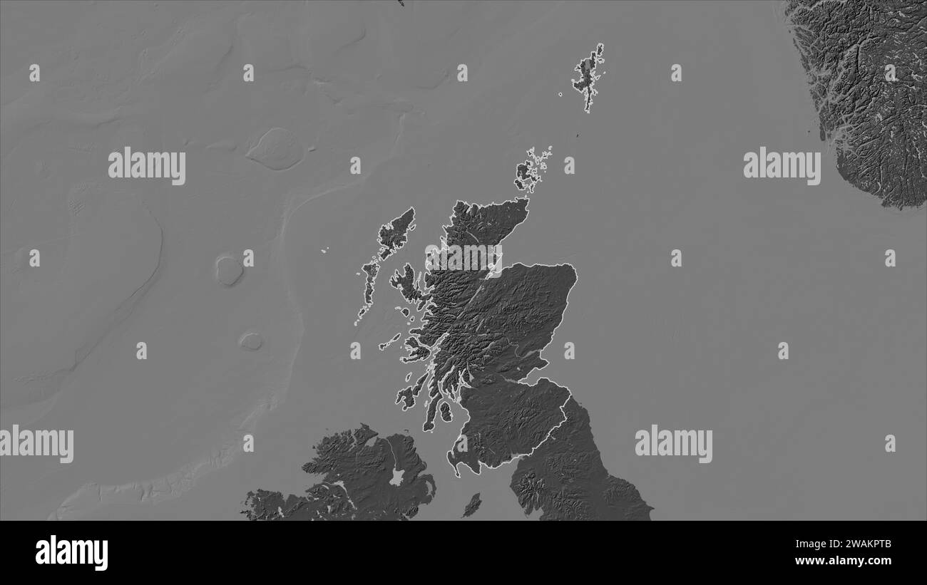 Schottland – Großbritannien auf einer Bilevel-Höhenkarte mit Seen und Flüssen Stockfoto