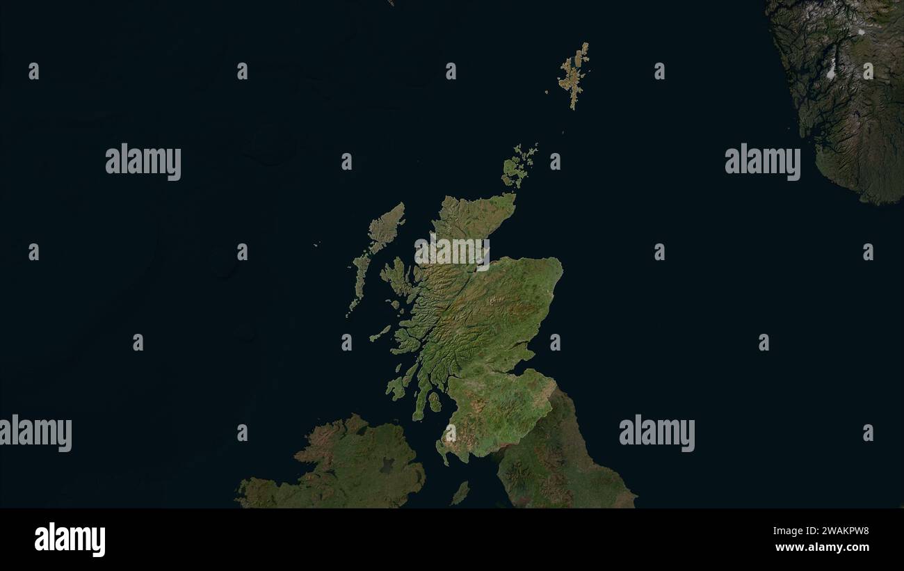Schottland – Großbritannien wird auf einer Satellitenkarte mit niedriger Auflösung hervorgehoben Stockfoto