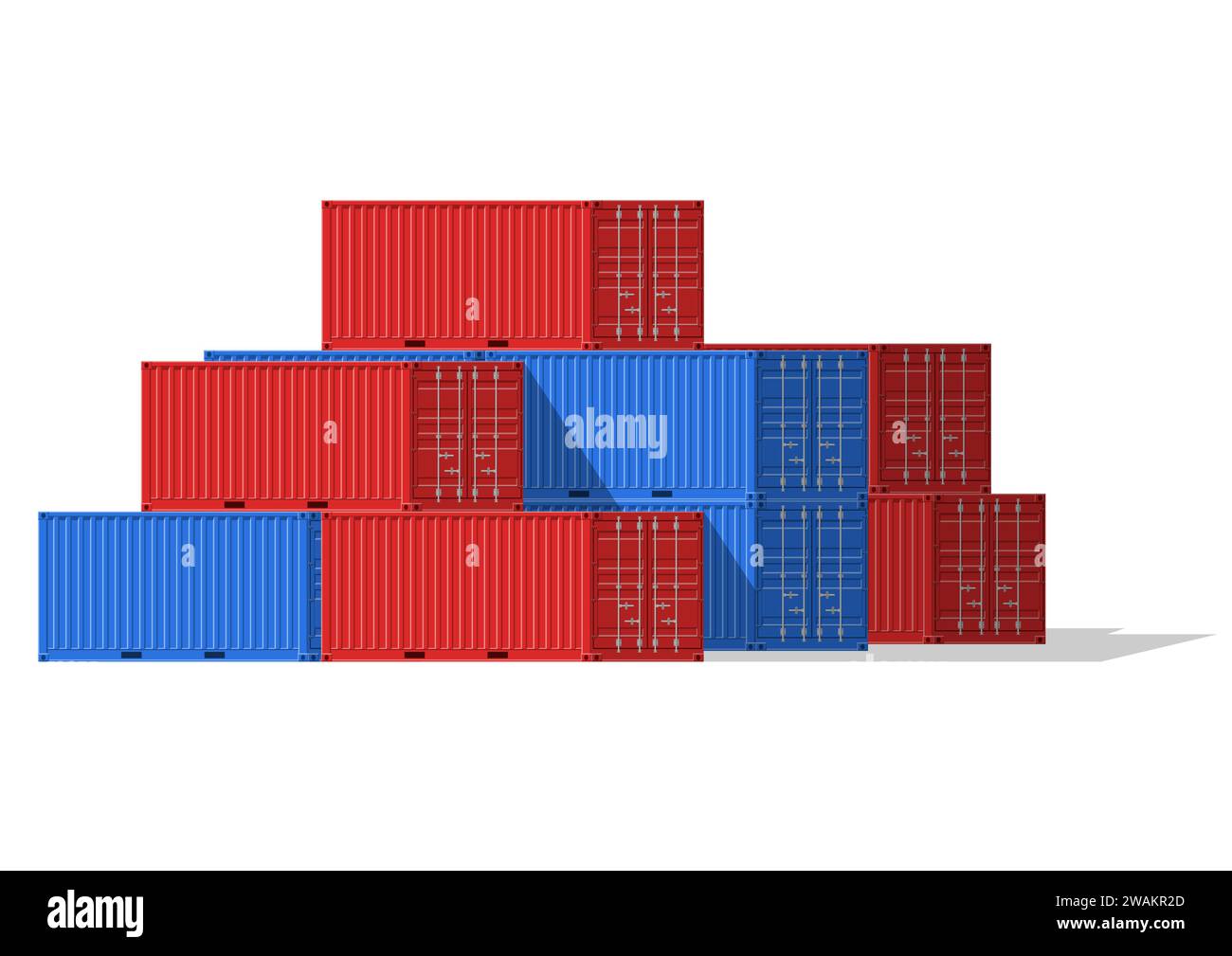 Ladungscontainer-Stapel für Fracht- und Seeverkehr isoliert auf weißem Hintergrund. Seehafen Logistik und Transport Vektor Illustration Stock Vektor