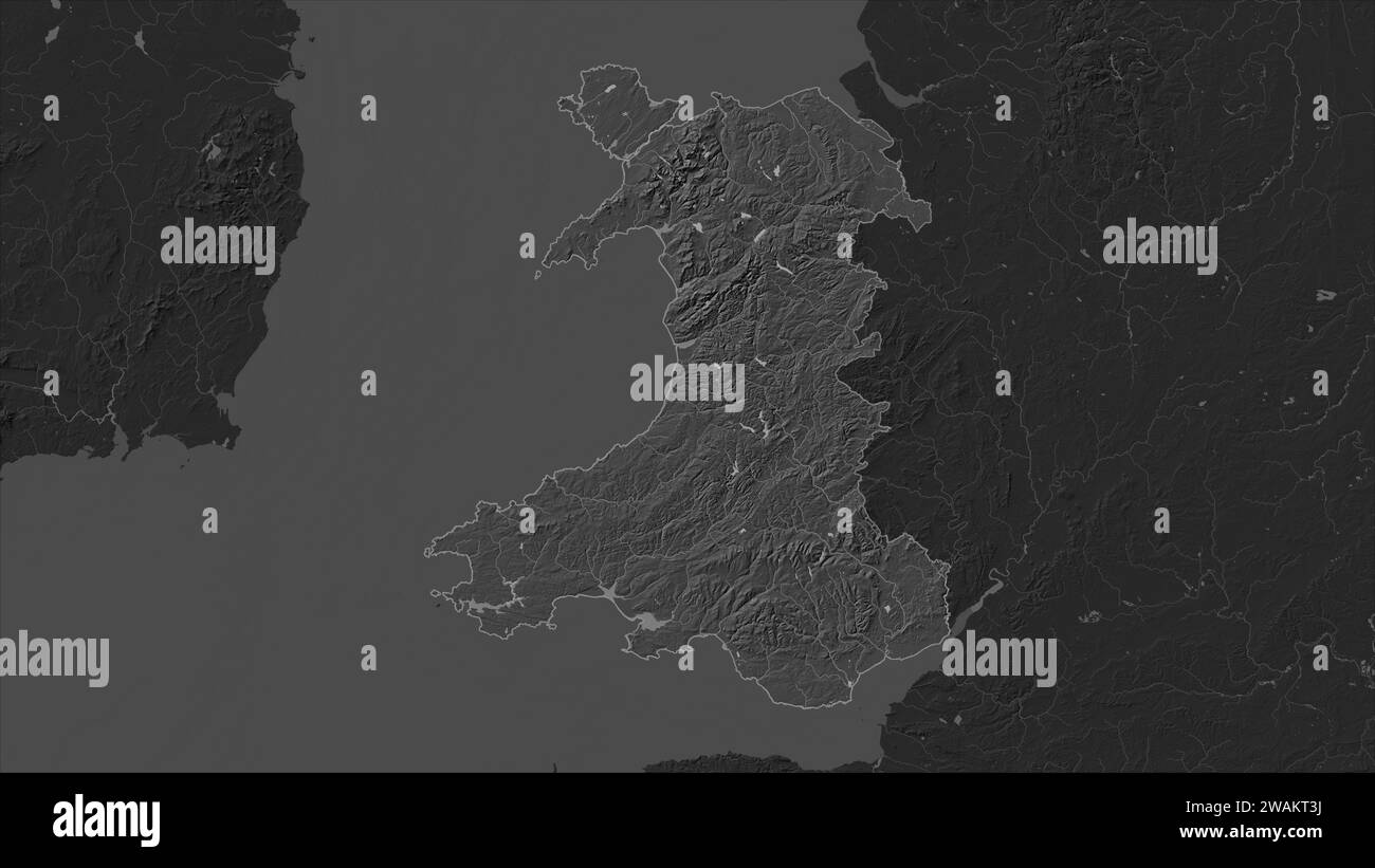 Wales - Großbritannien auf einer Bilevel-Höhenkarte mit Seen und Flüssen hervorgehoben Stockfoto