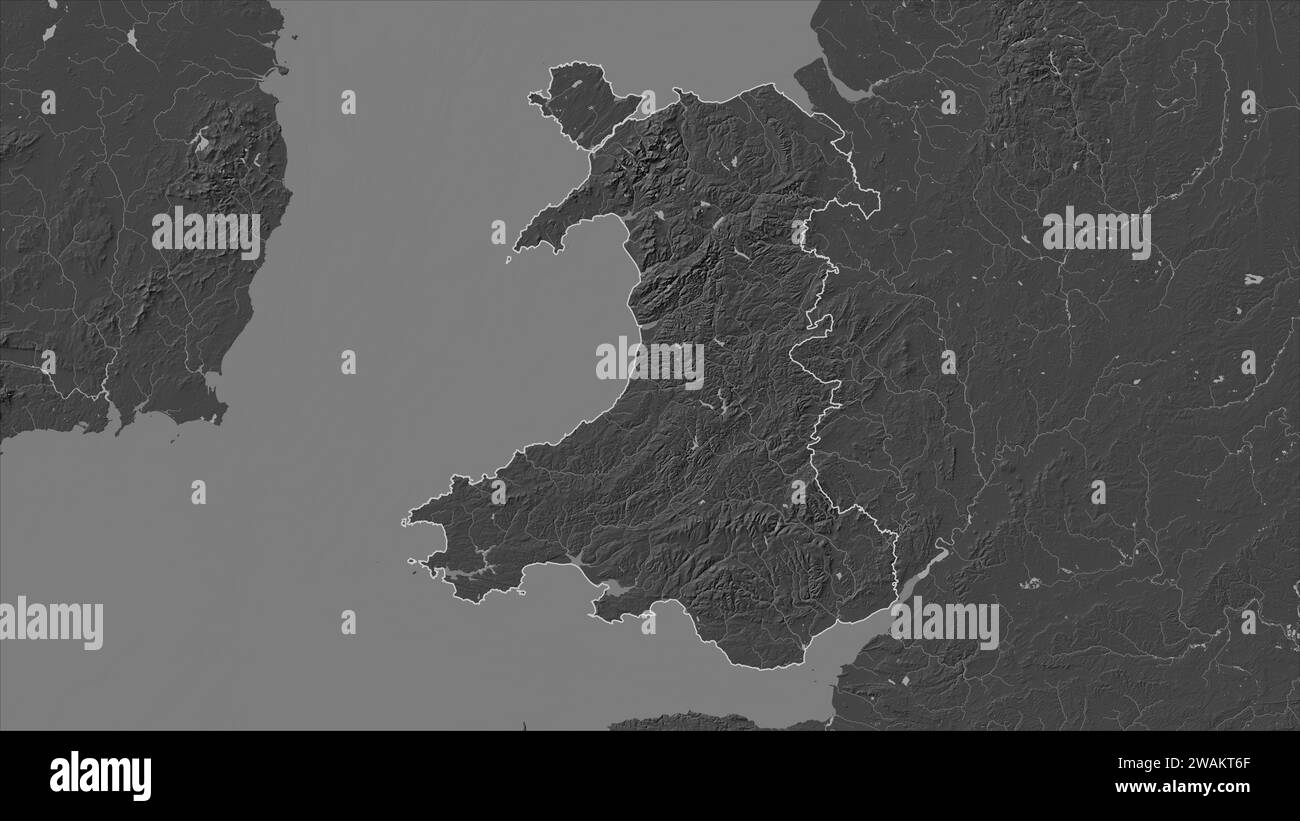 Wales – Großbritannien auf einer Bilevel-Höhenkarte mit Seen und Flüssen Stockfoto