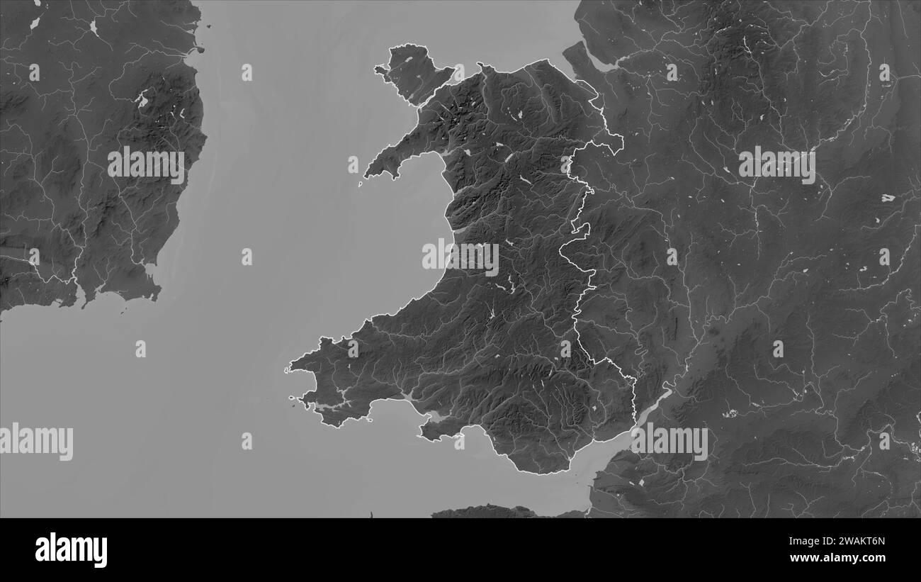 Wales – Großbritannien auf einer grausalen Höhenkarte mit Seen und Flüssen Stockfoto