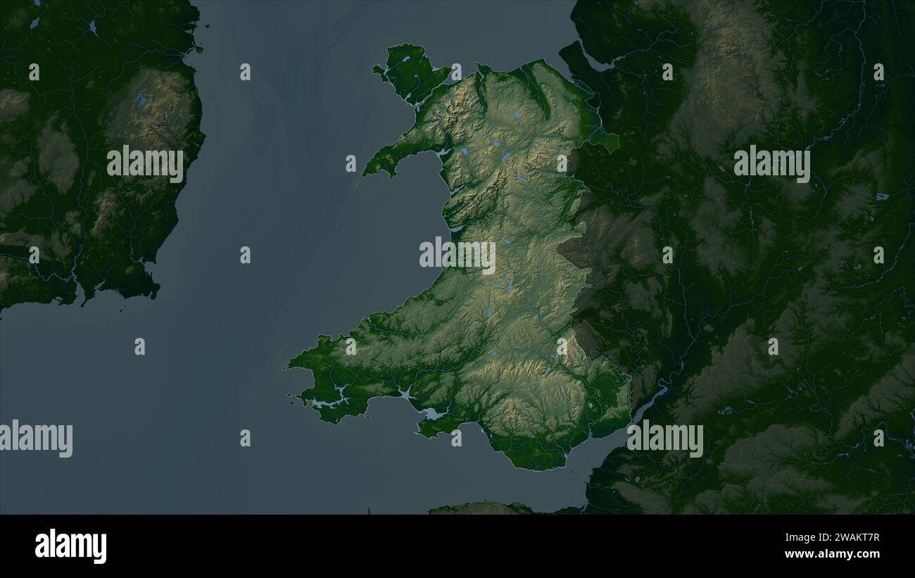 Wales - Großbritannien auf einer farbigen Höhenkarte mit Seen und Flüssen hervorgehoben Stockfoto