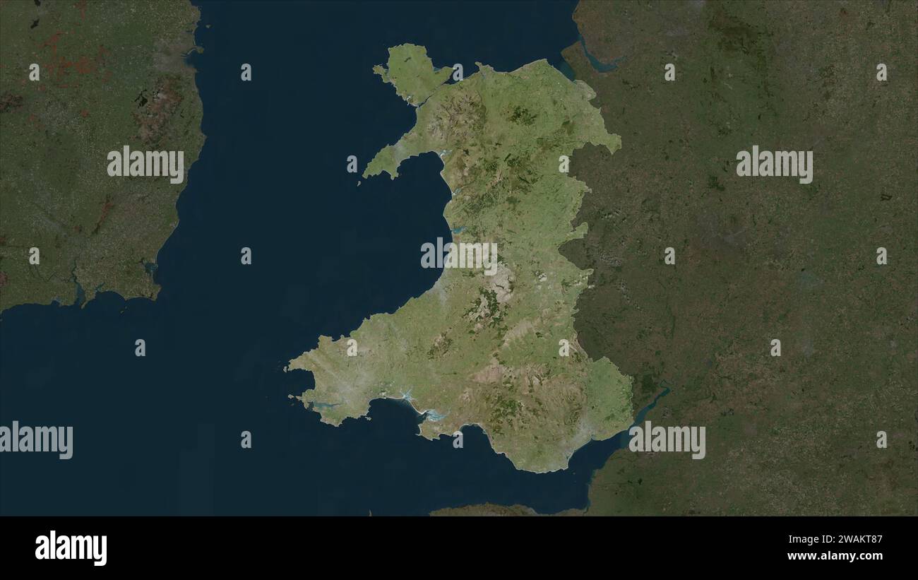Wales – Großbritannien wird auf einer hochauflösenden Satellitenkarte hervorgehoben Stockfoto