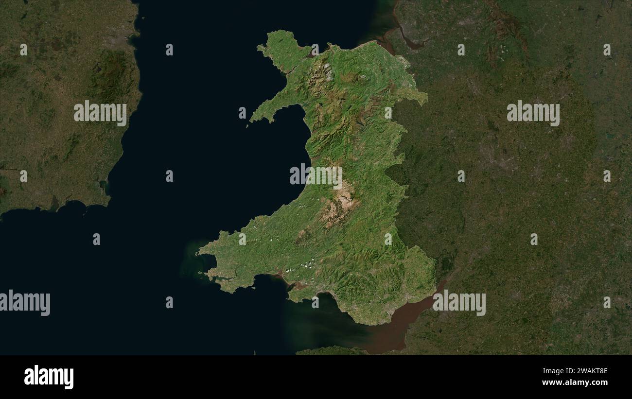 Wales – Großbritannien wird auf einer Satellitenkarte mit niedriger Auflösung hervorgehoben Stockfoto