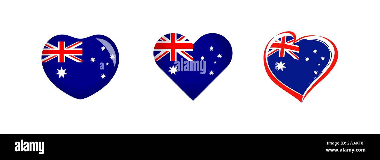 Herzformen mit australischer Flagge. Kreative Kollektion. Satz von Schaltflächen. Symbol Konzept. Dekoration zum „Happy Australia Day“. Willkommen in Sydney, Australien Stock Vektor