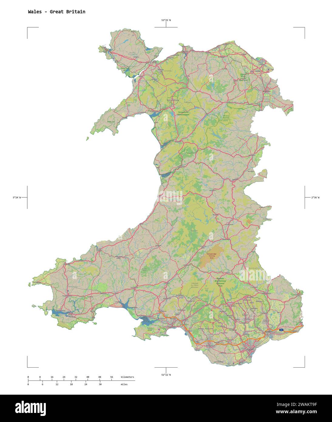 Form einer topografischen Karte im OSM-Deutschland-Stil von Wales - Großbritannien, mit Entfernungsskala und Kartengrenzkoordinaten, isoliert auf weiß Stockfoto