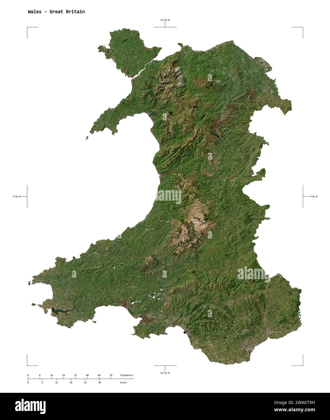 Form einer niedrig auflösenden Satellitenkarte von Wales - Großbritannien, mit Entfernungsskala und Kartengrenzkoordinaten, isoliert auf weiß Stockfoto