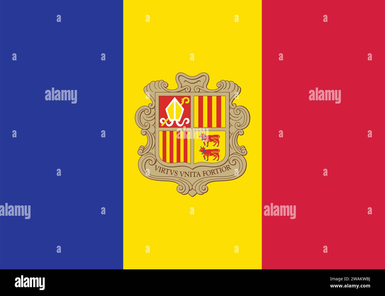 Detaillierte Flagge von Andorra. Nationale Flagge Andorras. Europa. 3D-Abbildung. Stock Vektor