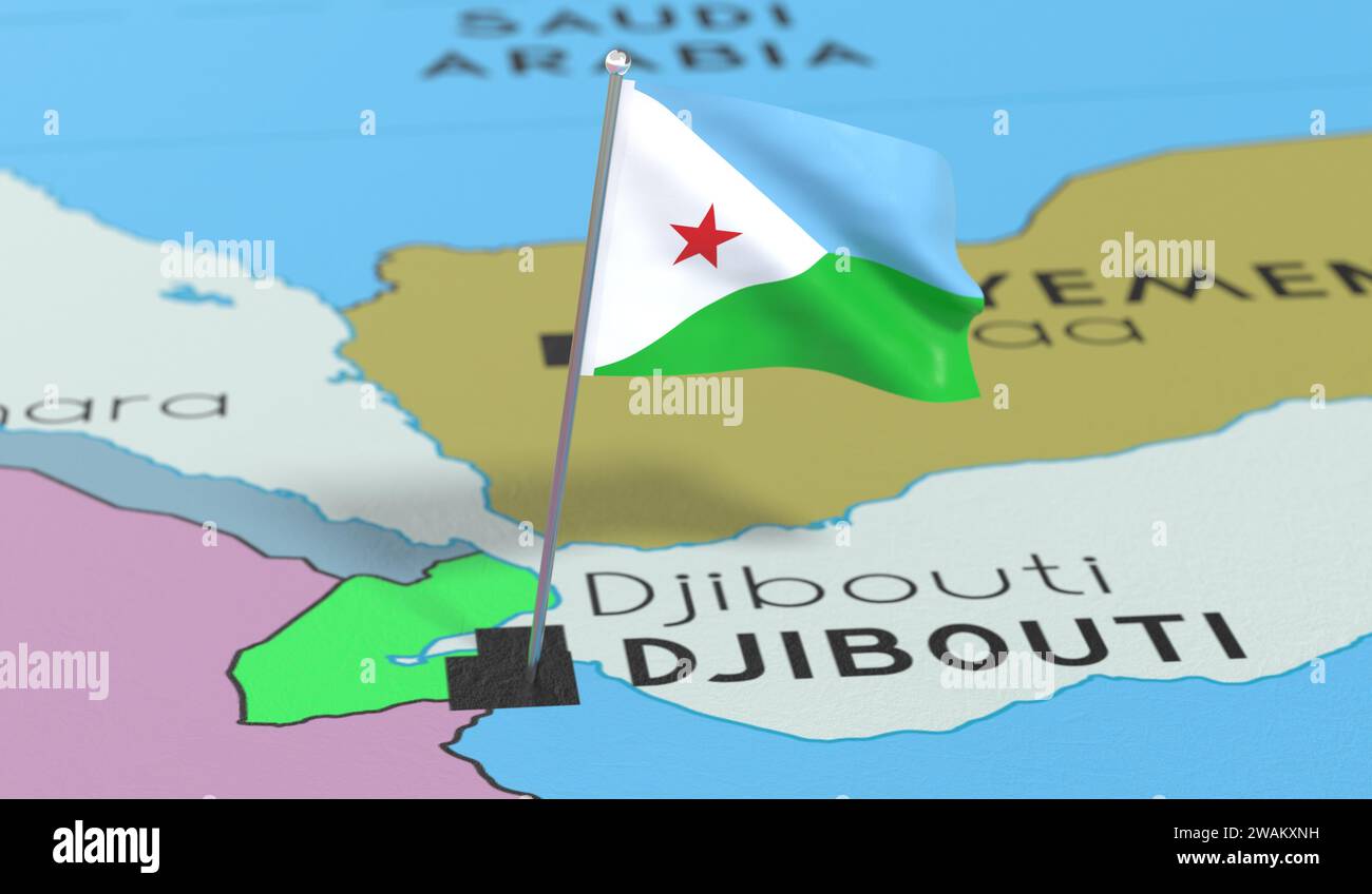 Dschibuti - Nationalflagge auf politischer Karte fixiert - 3D-Illustration Stockfoto