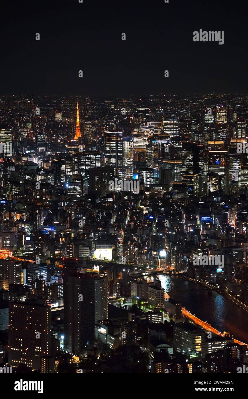 Aus der Vogelperspektive über die Stadt Tokio Metropolis mit ihrem Hochhaus, Gebäuden, Wolkenkratzern, Sumida River und Tokio Tower beleuchtet bei Nacht, Japan Stockfoto