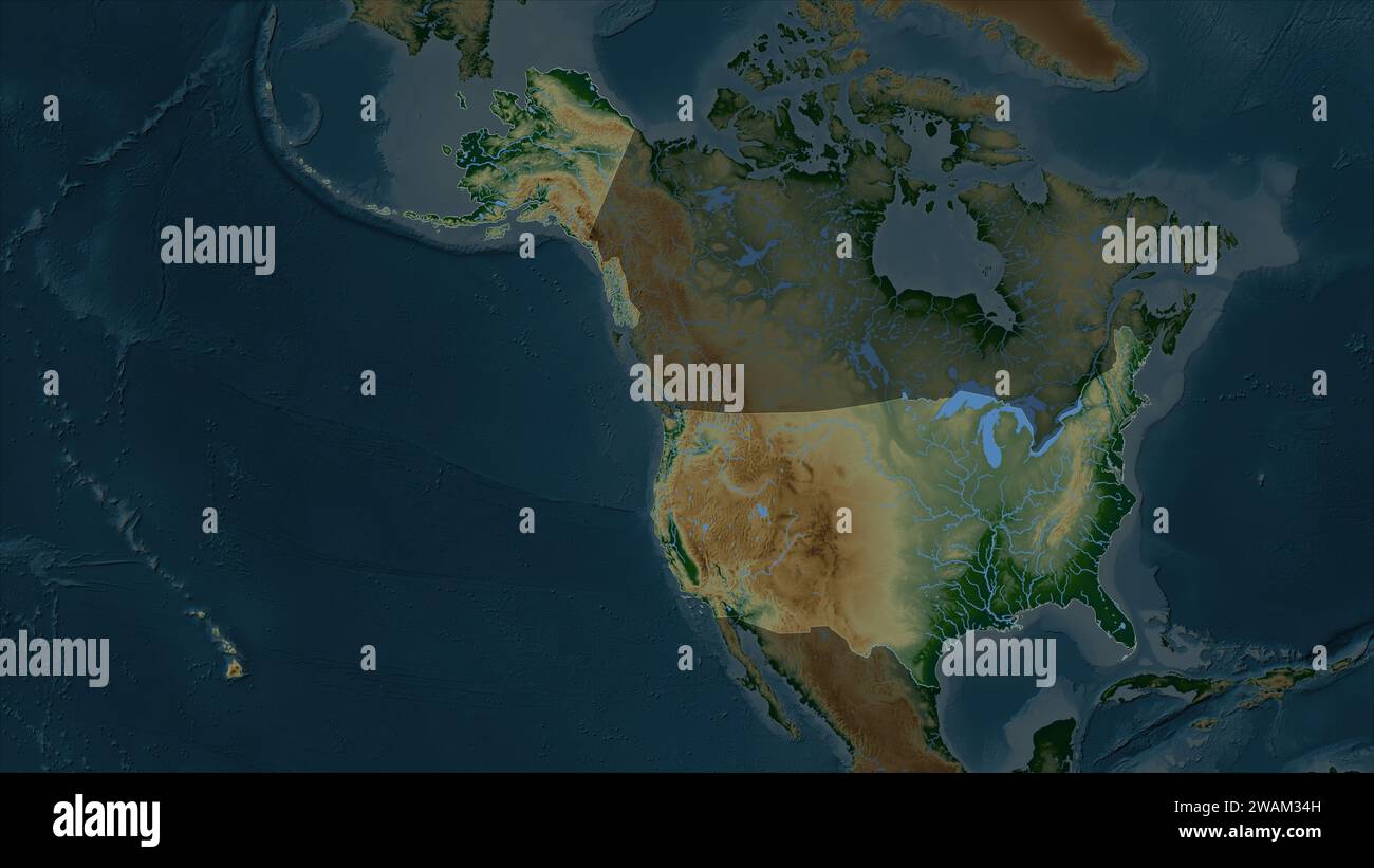 Die Vereinigten Staaten von Amerika werden auf einer farbigen Höhenkarte mit Seen und Flüssen hervorgehoben Stockfoto