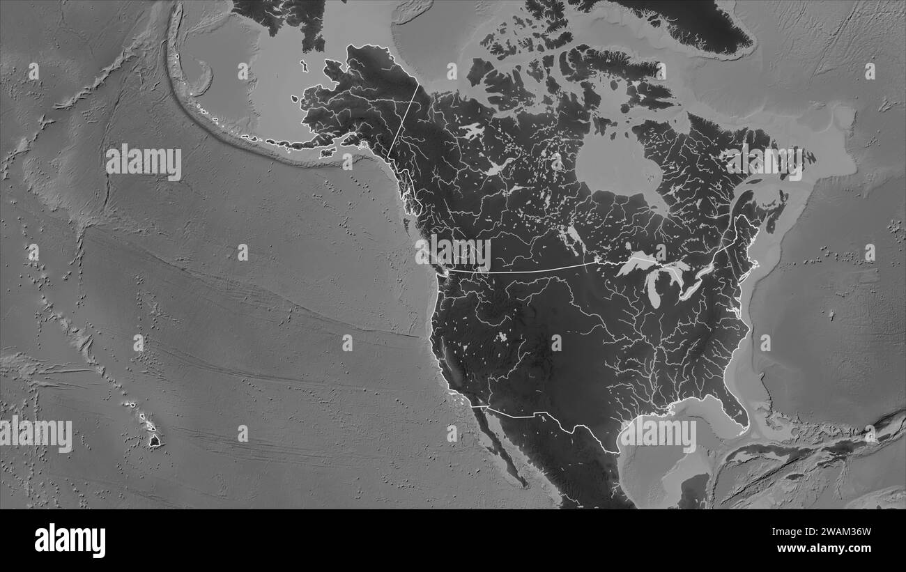 Die Vereinigten Staaten von Amerika werden auf einer grauen Höhenkarte mit Seen und Flüssen dargestellt Stockfoto