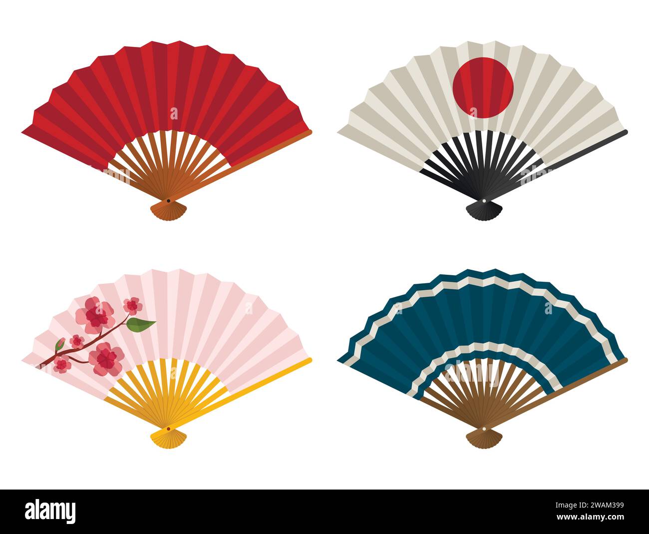 Handventilatoren, isoliert auf weißem Hintergrund, japanischer und chinesischer Faltfächer, traditioneller asiatischer Papier Geisha Fächer. Vektorgrafik Stock Vektor