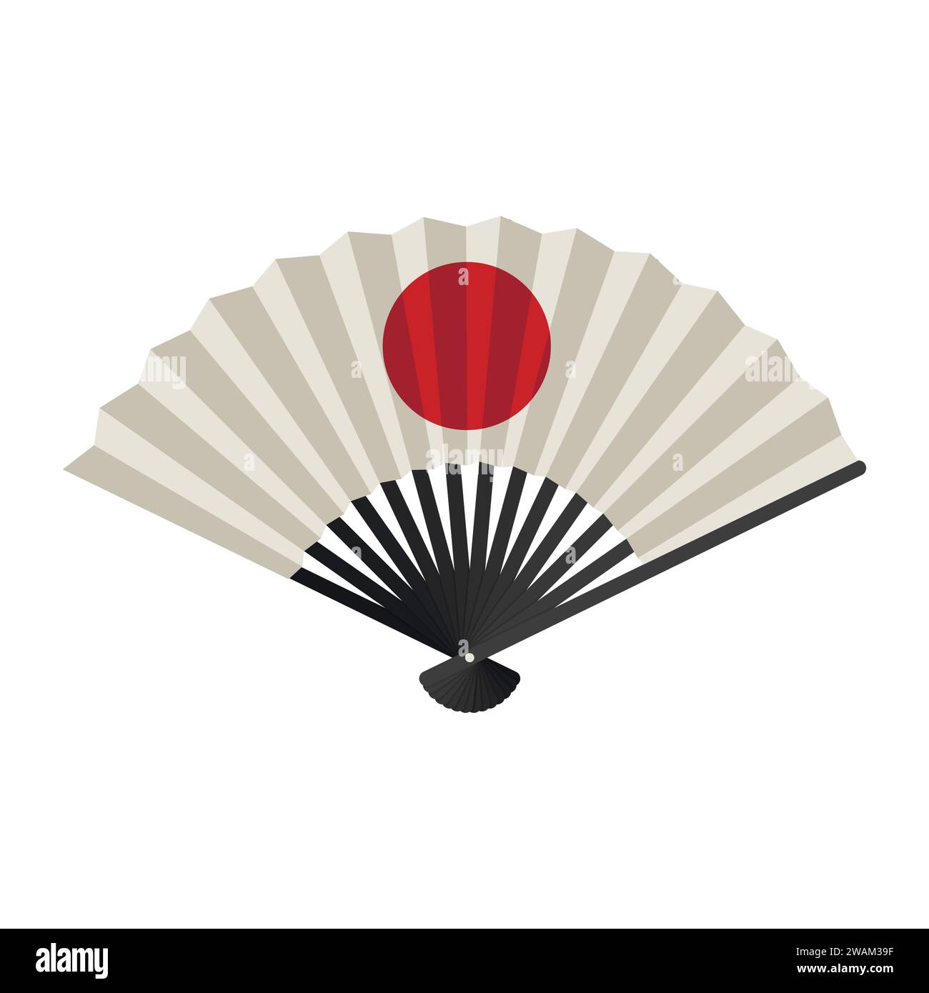 Handventilator isoliert auf weißem Hintergrund, japanischer faltender Ventilator mit aufsteigendem Sonnenschild, traditionelle asiatische Papier-Geisha-Fan-Ikone. Vektorabbildung Stock Vektor