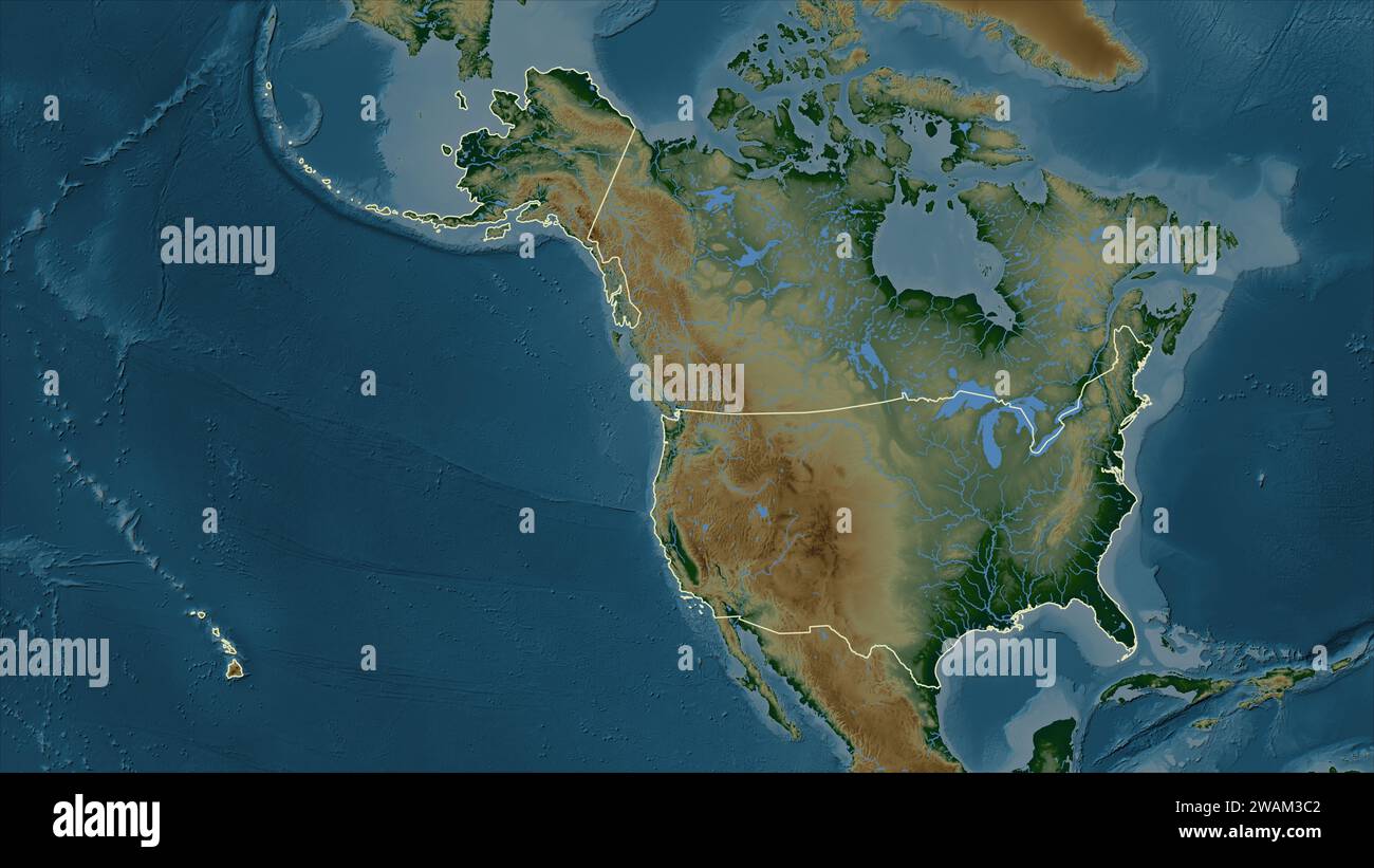 Vereinigte Staaten von Amerika auf einer farbigen Höhenkarte mit Seen und Flüssen Stockfoto