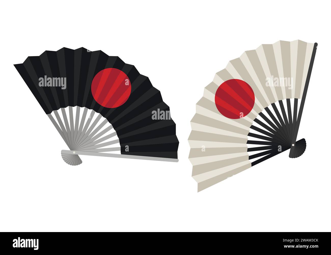 Schwarz-weißer Handventilator isoliert auf weißem Hintergrund, japanischer faltender Ventilator mit aufsteigendem Sonnenschild, traditionelle asiatische Papier-Geisha-Fan-Ikone. Vektorillu Stock Vektor