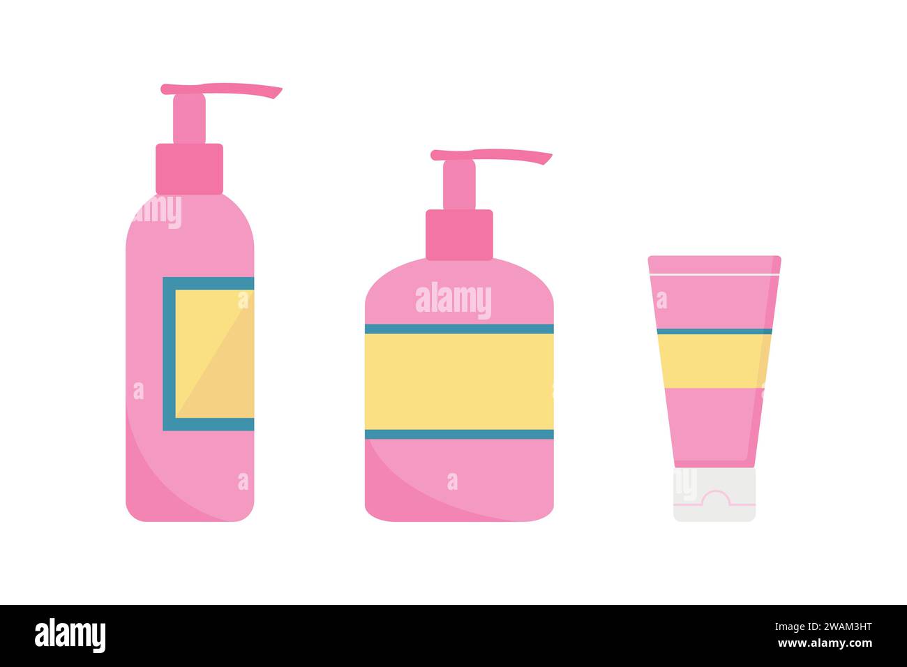 Set aus Kunststoffbehältern für kosmetische Produkte. Pumpflaschen und Röhrchen in flacher Ausführung. Vektorabbildung Stock Vektor