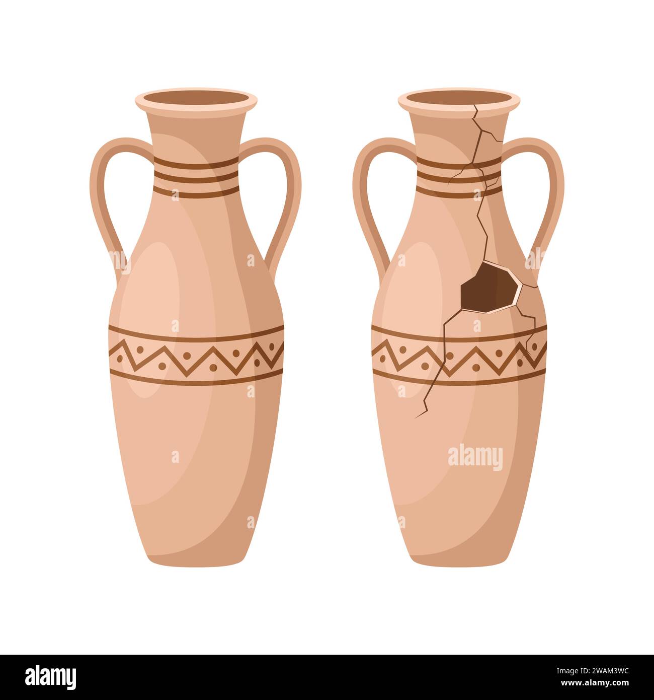 Ganze und gebrochene alte Amphora-Ikone mit zwei Griffen. Antike Tonvase, alter traditioneller Vintage-Topf. Archäologisches Fundstück aus Keramikkkanne. Griechisch Stock Vektor