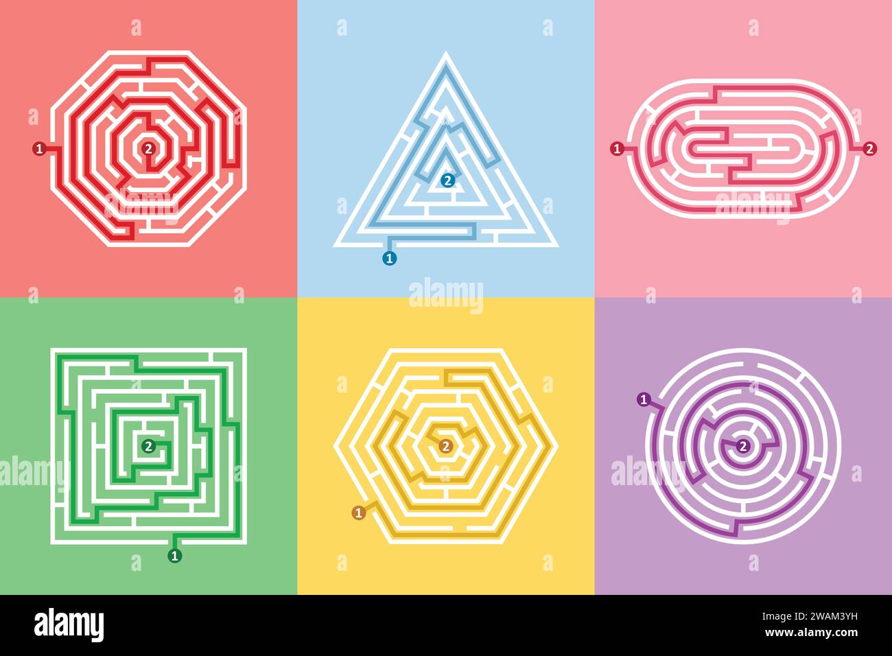 Labyrinth verschiedene Formen Spiel und Labyrinth lustiges Puzzle Set. Labyrinth quadratisch, rund, sechseckig, oval und dreieckig Puzzle Rembus Rätsel Logik Spielkonzept. Vektor Stock Vektor